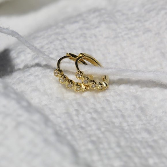 Sterling Silver Gold Huggie Hoops with Row of Isolated Simulated Diamonds - Picture 11 of 12